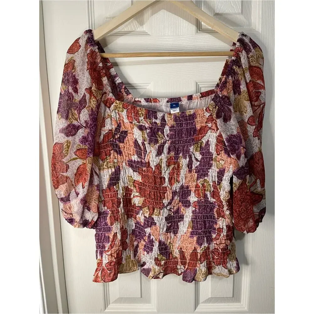 Old Navy Purple Orange Boho Smocked Milkmaid Puff Sheer Sleeve Fitted Top XL